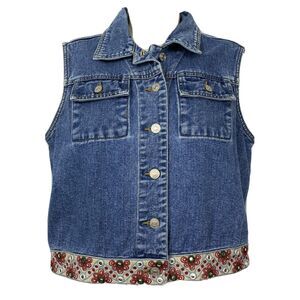 Tommy Hilfiger Denim Vest Jacket Womens Large Trucker Embroidered‎ Boho Vtg Y2K